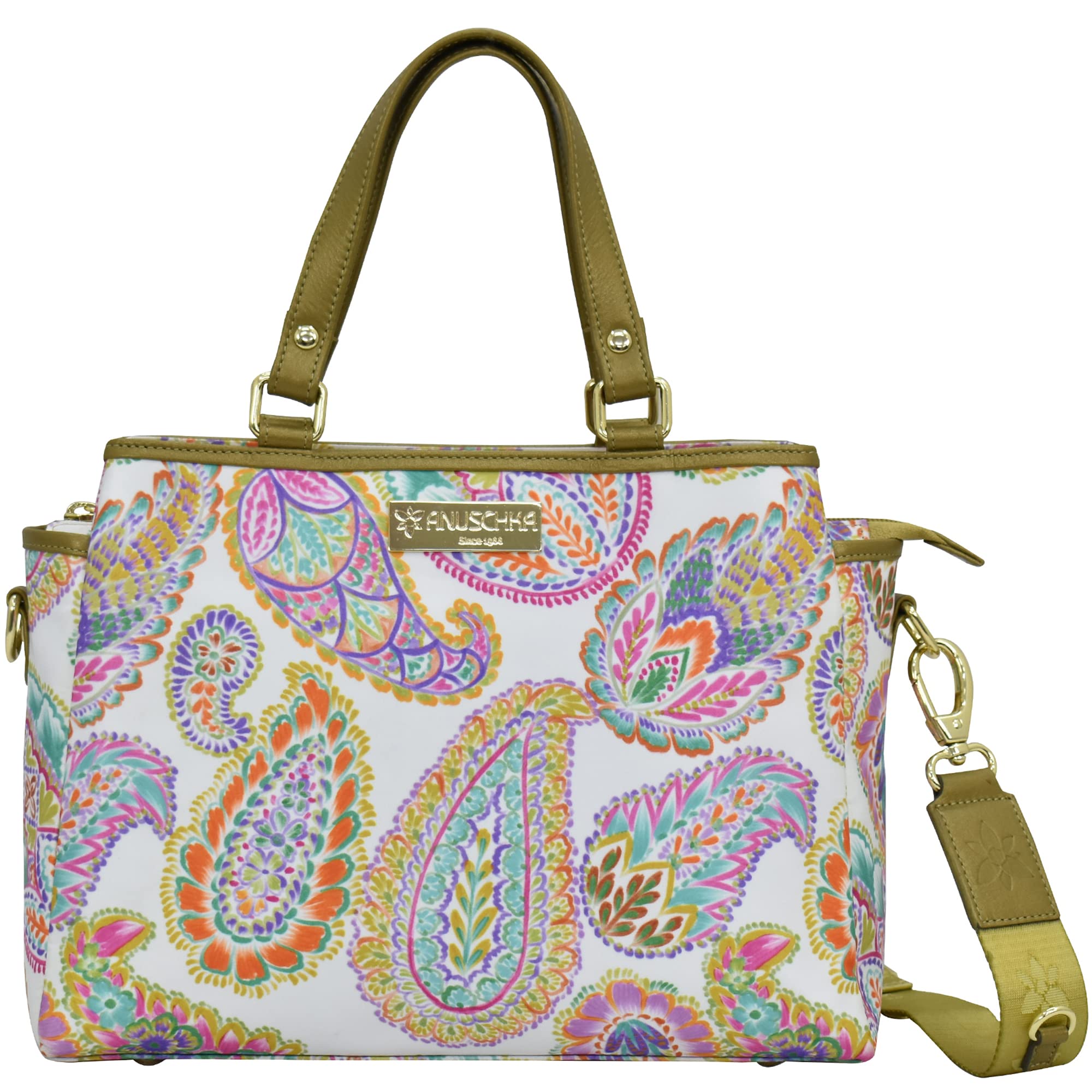 Anuschka Multicompartment Satchel-Wanderlust Collection-Nylon Fabric with Leather Trim and Artwork Print, Boho Paisley, One Size