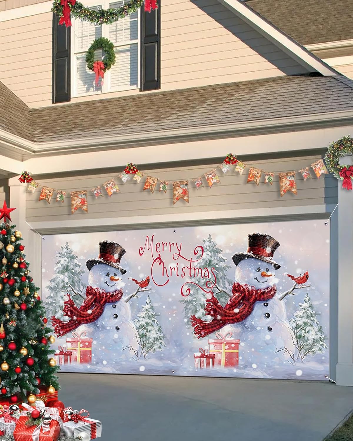 Garage Door Decorations - Christmas Garage Door Banner Cover 7 x 8 ft, Merry Christmas Snowman with Cardinal Bird Christmas Garage Door Decorations Holiday Christmas Backdrop Decor for Winter New Year Xmas Party