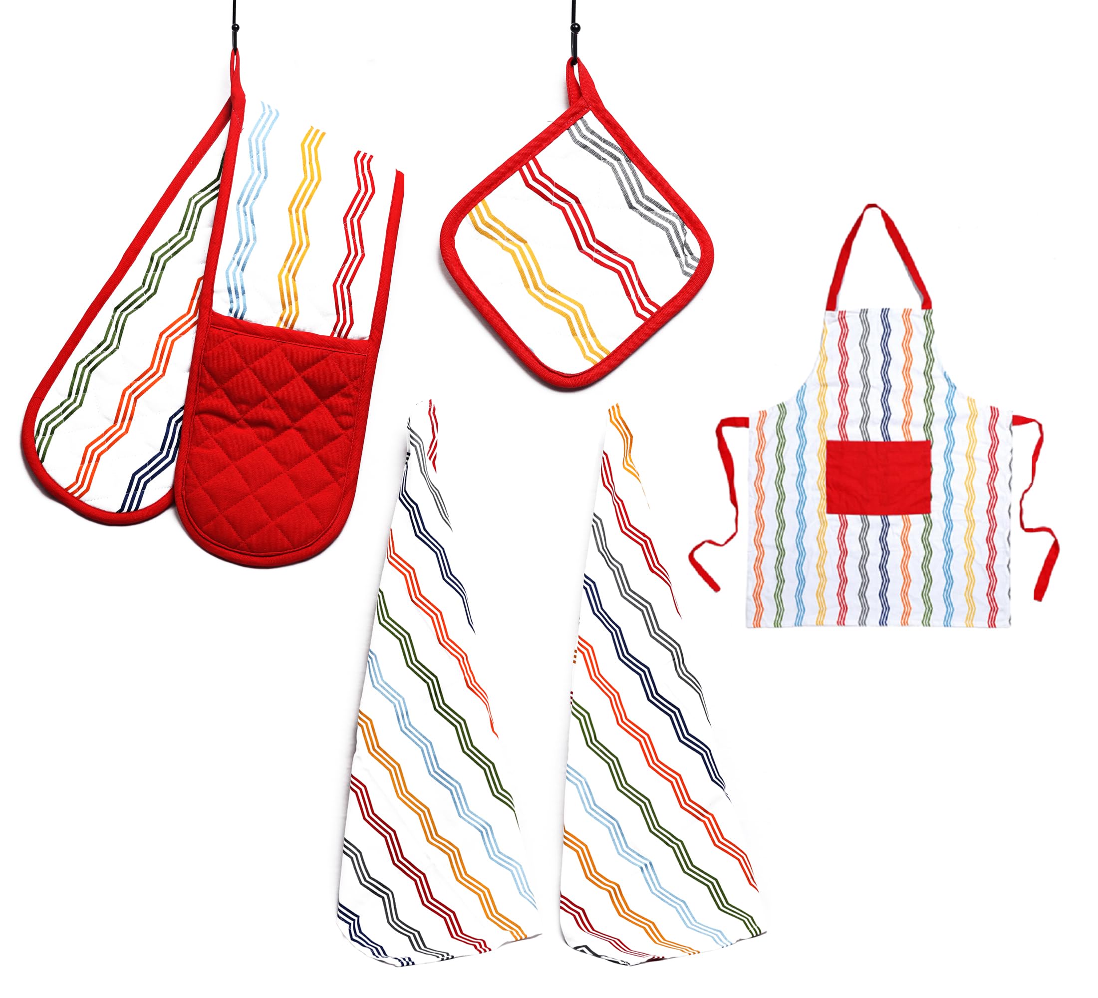 Olivia Rocco Kitchen Sets Apron Double Oven Gloves Towel Set Heat Resistant Oven Mitts Pot Holder for Home Kitchen Baking and Cooking Pack of 5, Ziggy Multi