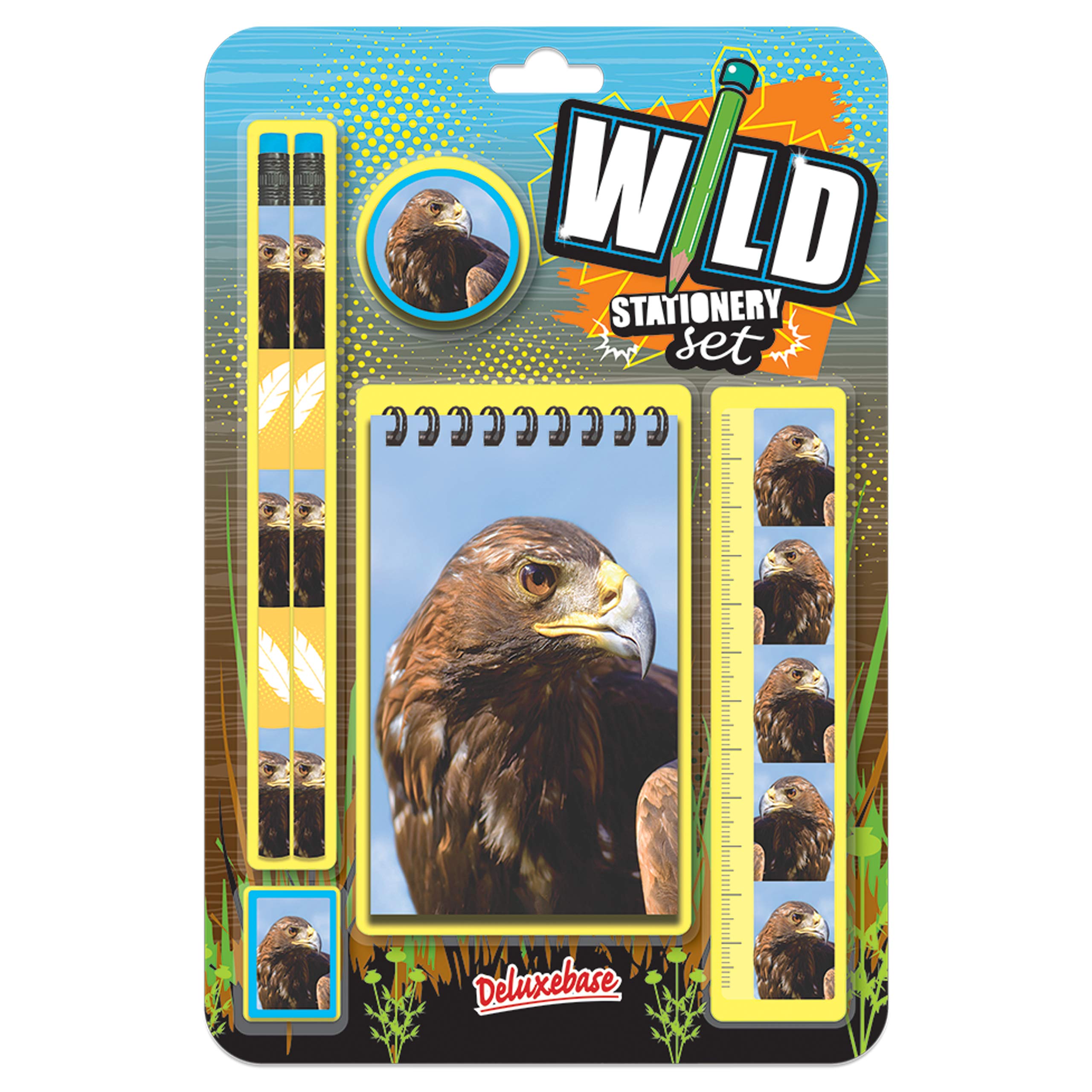 Deluxebase Wild Stationery Set โ Eagle, 6 Piece School Supplies Set including Notebook, 2 Pencils, Ruler, Pencil Eraser and Sharpener, Fun Animal Stationery Gifts for Kids and Students. โ image 1