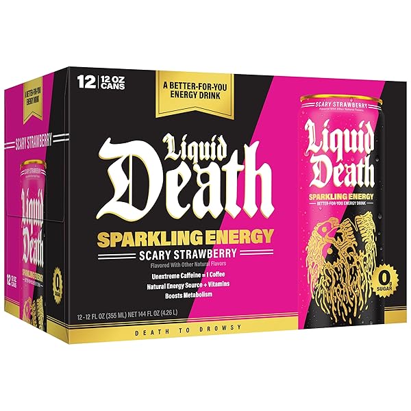 LIQUID DEATH SPARKLING ENERGY – SCARY STRAWBERRY, SUGAR-FREE ENERGY DRINK, UNEXTREME CAFFEINE 100MG, ESSENTIAL VITAMINS, 12 FL OZ (PACK OF 12)