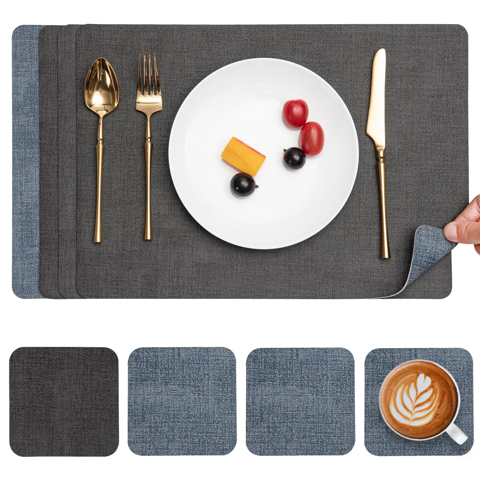 Myir JUN Placemats and Coasters Set of 4, Place Mats Dual Sided Faux Leather Table Mats PU Indoor Outdoor Heat Resistant Placemat Square Non Slip Wipeable Washable Dining Restaurant (Grey Light Blue)
