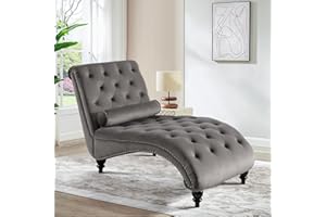 SLEERWAY Chaise Lounge Indoor, Button Tufted Velvet Upholstered Lounge Chair with Solid Wooden Leg and Lumbar Pillow, Modern Sleeper Lounge Sofa for Bedroom Living Room Office, Grey