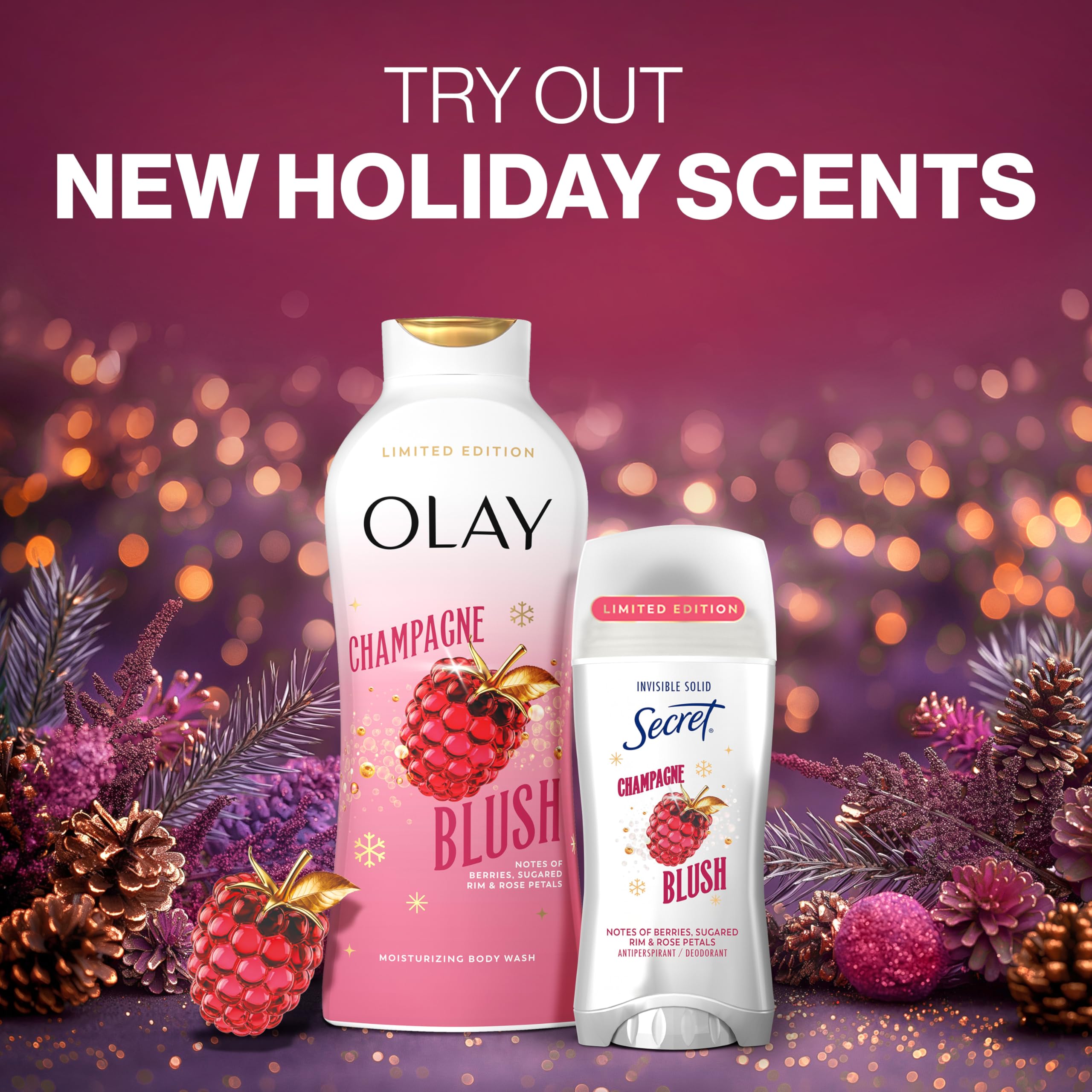 Secret Fresh Antiperspirant Deodorant for Women, 72hr Breathable Odor Protection with Pro-Hyaluronic Acid, Holiday Invisible Solid, Champagne Blush with Berries, Sugared Rim & Rose Petals Scent, 2.6oz