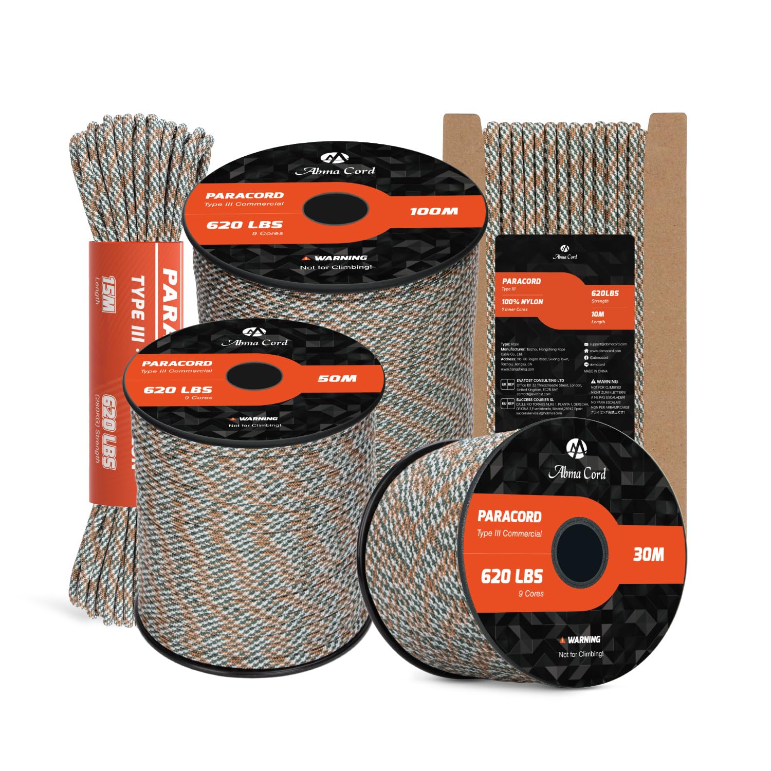 Abma Cord Paracord 4mm 100m 100% Nylon Rope 9 Strands Type III Parachute Cord for DIY, Camping, Survival, Outdoor - Max. 280kg - Honor