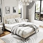 Queen Size Platform Bed Frame with Upholstered Headboard, Wooden Slats Support, Noise Free, No Box Spring Needed, Easy Assembly, Beige, Velvet