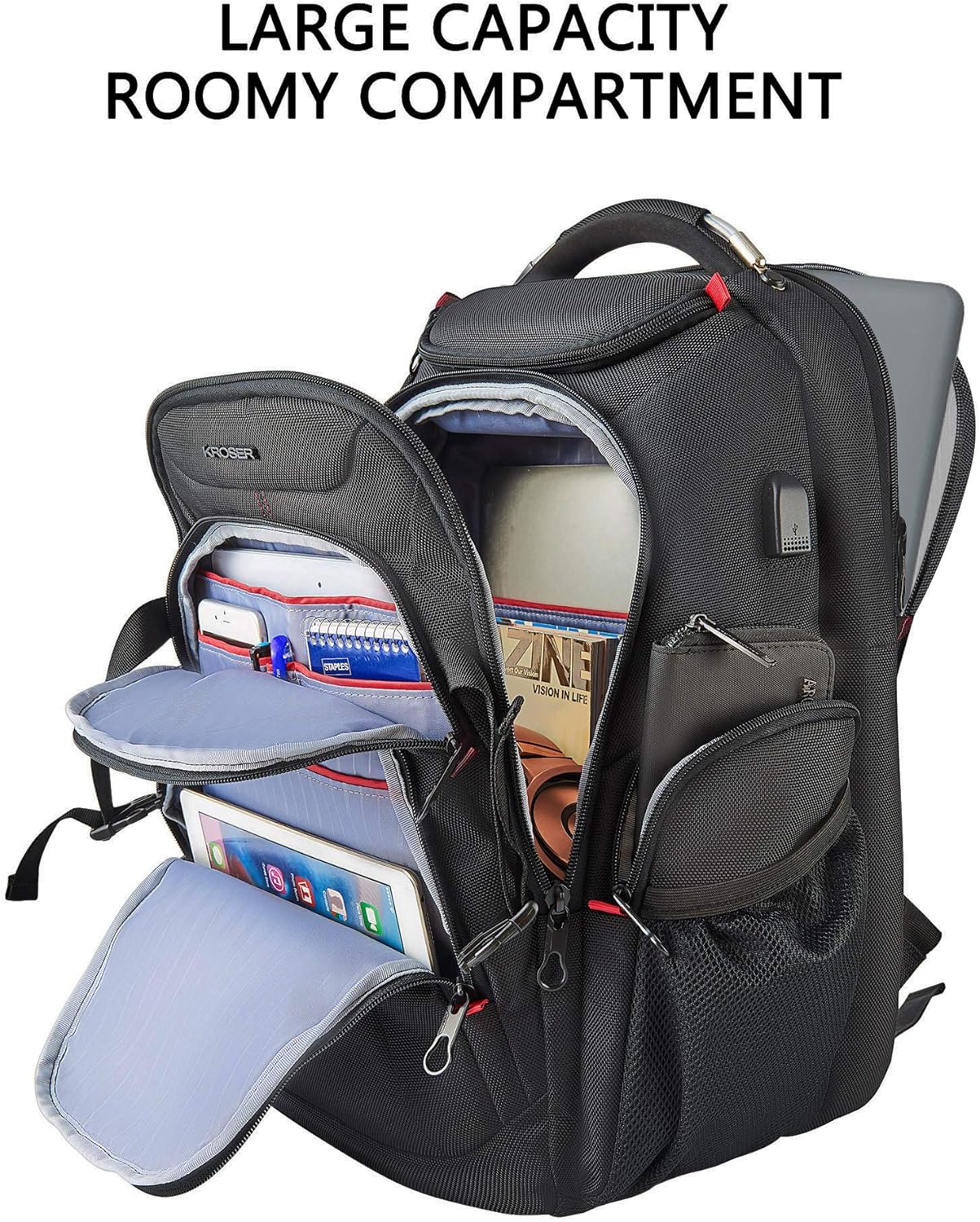 KROSER Travel Laptop Backpack 17.3 Inch XL Heavy Duty Computer Backpack with Hard Shell Saferoom RFID Pockets Water-Repellent Business College Daypack Stylish School Laptop Bag for Men/Women-Black: Computers & Accessories