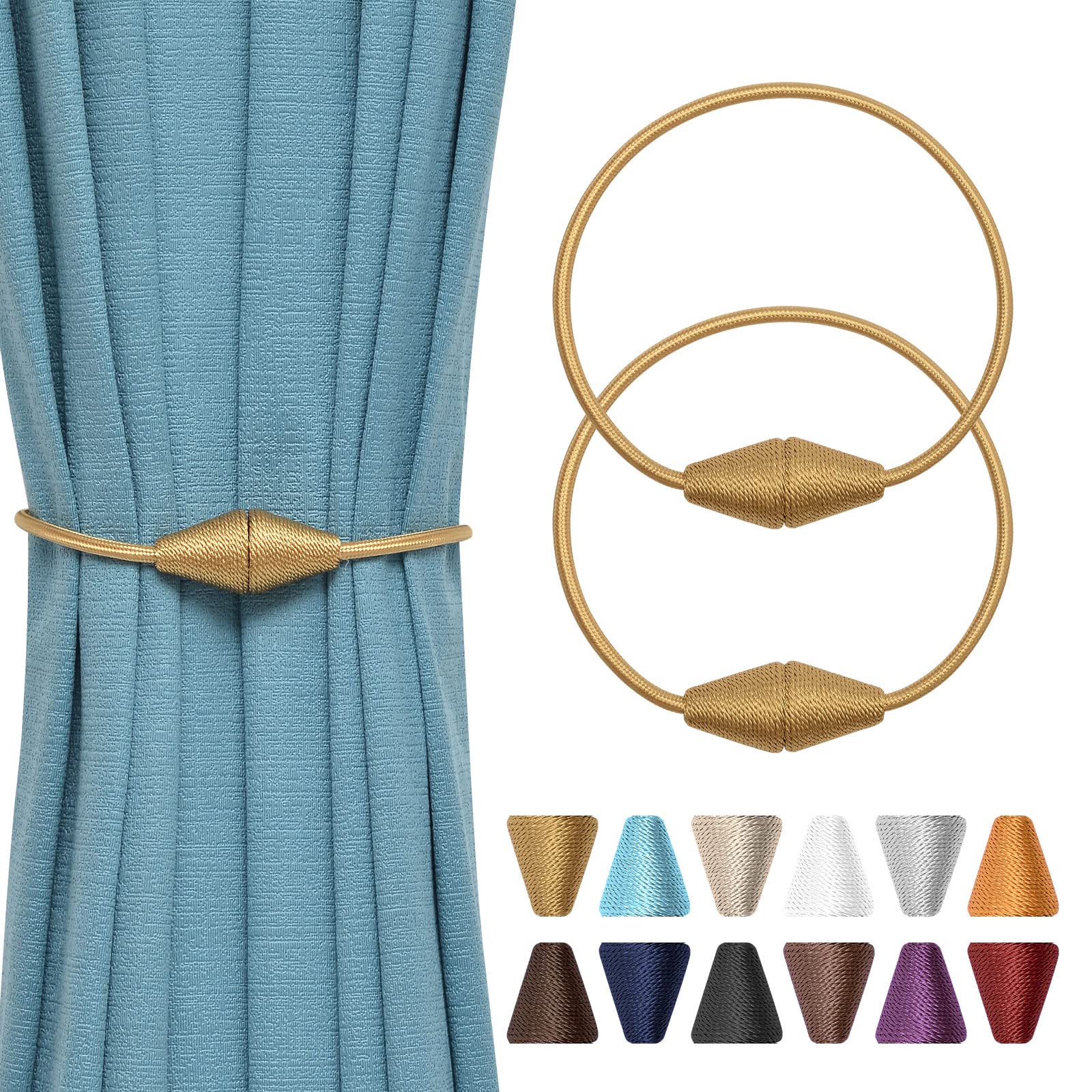 Pretty Jolly 2 Pack Upgrade Magnetic Curtain Tiebacks Handmade Weave Rope Curtain Holdbacks Convenient Decorative Cone Curtain Drape Tie Backs for Home & Office Window Drapery (Gold) — image 1