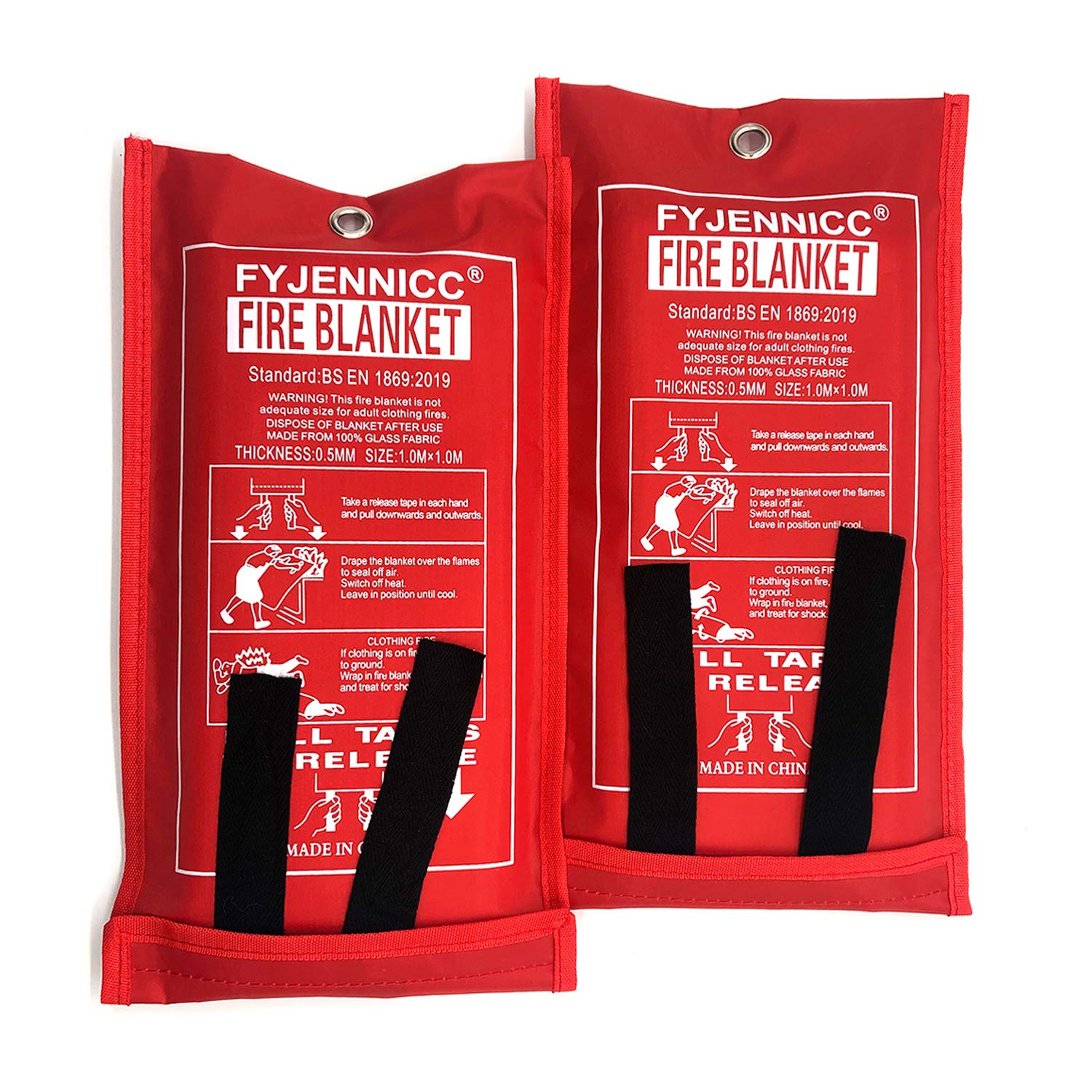 FYJENNICC Fiberglass Fire Blanket with Flame-retardant cotton tapes, 39.3×39.3 Inches, 2Pack