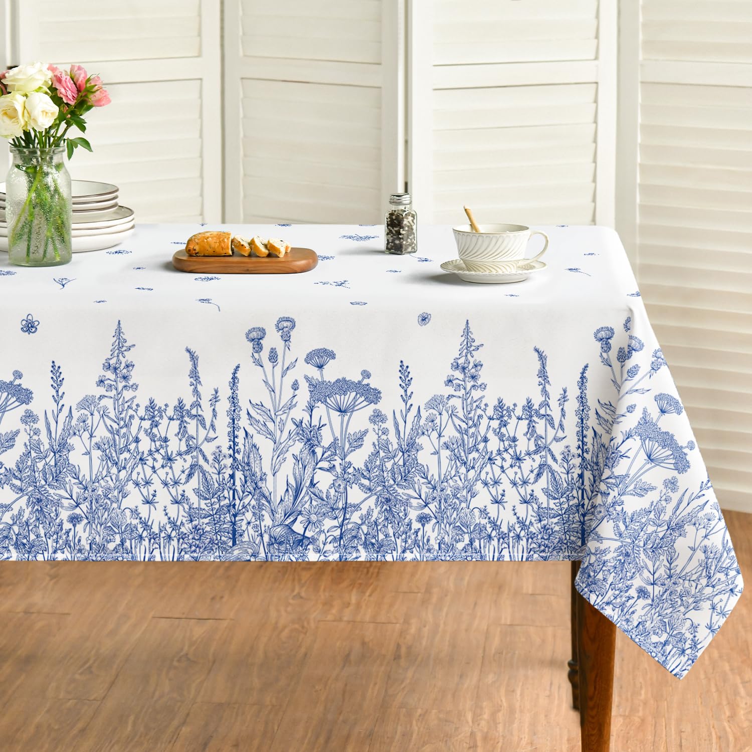 Photo 1 of Horaldaily Spring Summer Tablecloth 60×120 Inch Rectangular, Wild Flowers Floral Blue Washable Seasonal Table Cover for Party Picnic Dinner Decor