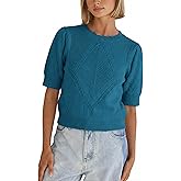 SCUSTY Women's Short Sleeve Knit Sweater Puff Sleeve Crew Neck Cropped Lightweight Knit Pullover Top Tee