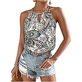 RoseSeek Women's Paisley Print Boho Halter Tops Cut Out Sleeveless Camisole Tops Vacation Cami Shirts