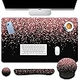 Britimes Rose Gold Pink Keyboard Mouse Pad Set Desk Mat Black Golden 4in1 Large Mousepad+Keyboard Wrist Rest+Mouse Wrist Rest+Coaster Ergonomic Design for Home Office Computer 35.4 * 15.7 Inches