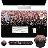 Britimes Rose Gold Pink Keyboard Mouse Pad Set Black Golden 4in1 Large Mousepad+Keyboard Wrist Rest+Mouse Wrist Rest+Coaster Ergonomic Design for Home Office Computer 35.4x15.7 inches