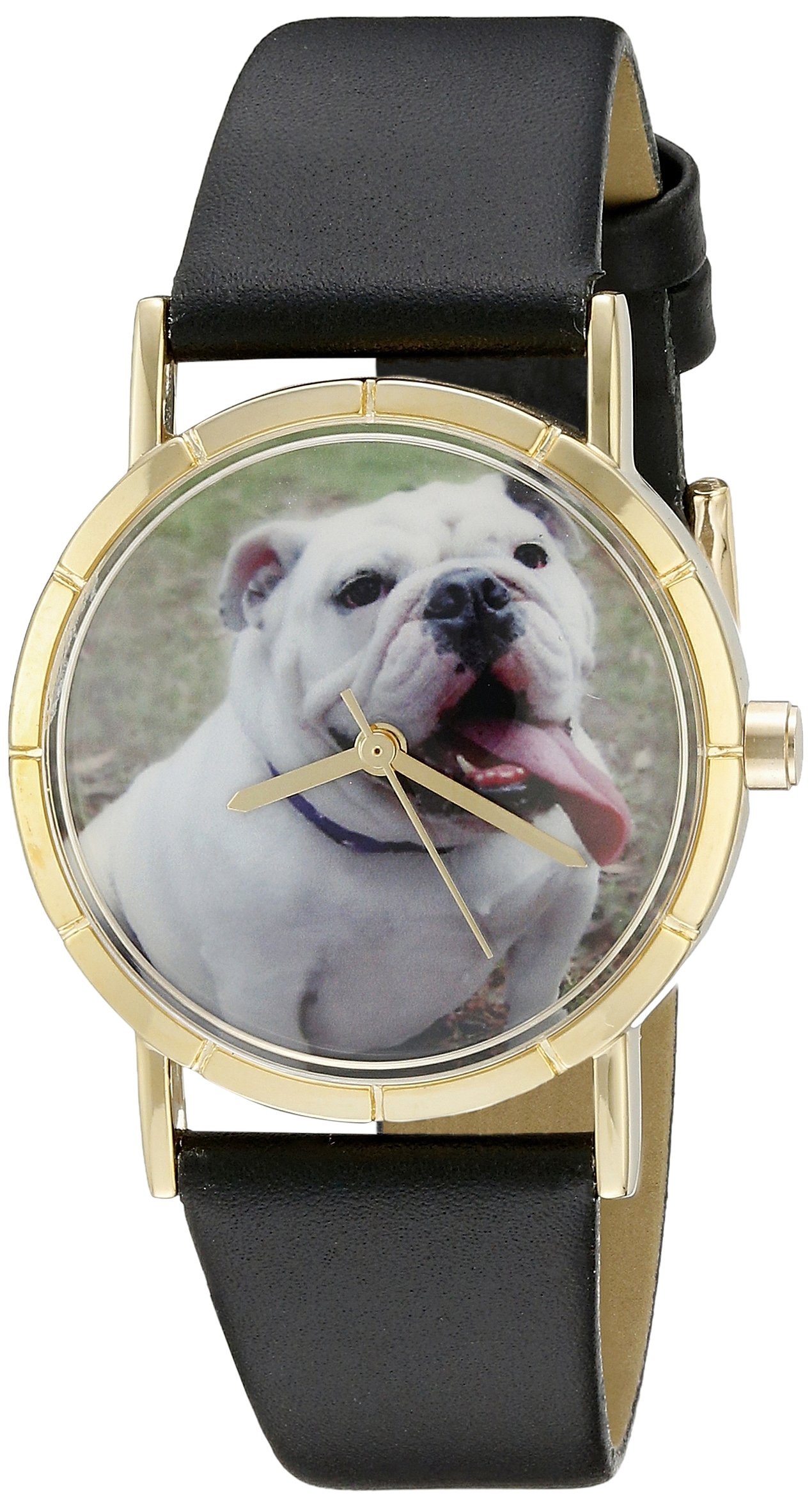 Whimsical Watches Bulldog Black Leather and Goldtone Photo Unisex Quartz Watch with White Dial Analogue Display and Multicolour Leather Strap P-0130018