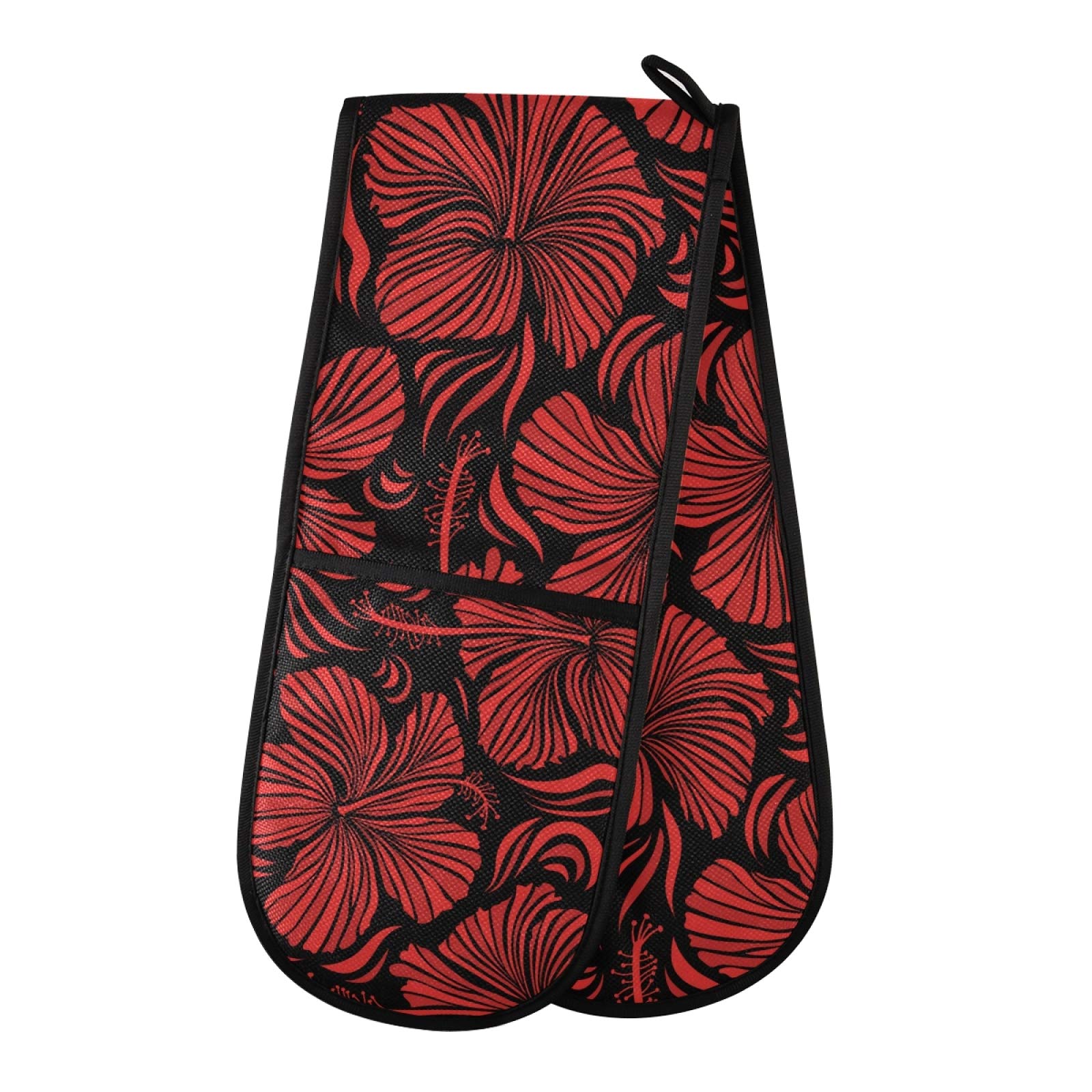 ZZXXB Red Hibiscus Floral Double Oven Mitt Heat Resistant Non-Slip Kitchen Gloves Extra Long 7" x 35" for Cooking Baking Barbecue Grilling — image 1