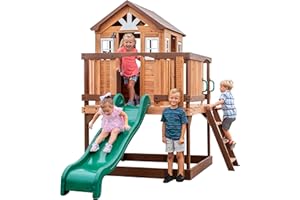 Backyard Discovery Echo Heights Elevated Cedar Wooden Kids Playhouse with Wave Slide, Play Kitchen, Wrap-Around Deck, Flat-Step Ladder, Half Door, Windows, Bell, and Growth Chart for Outdoor Play