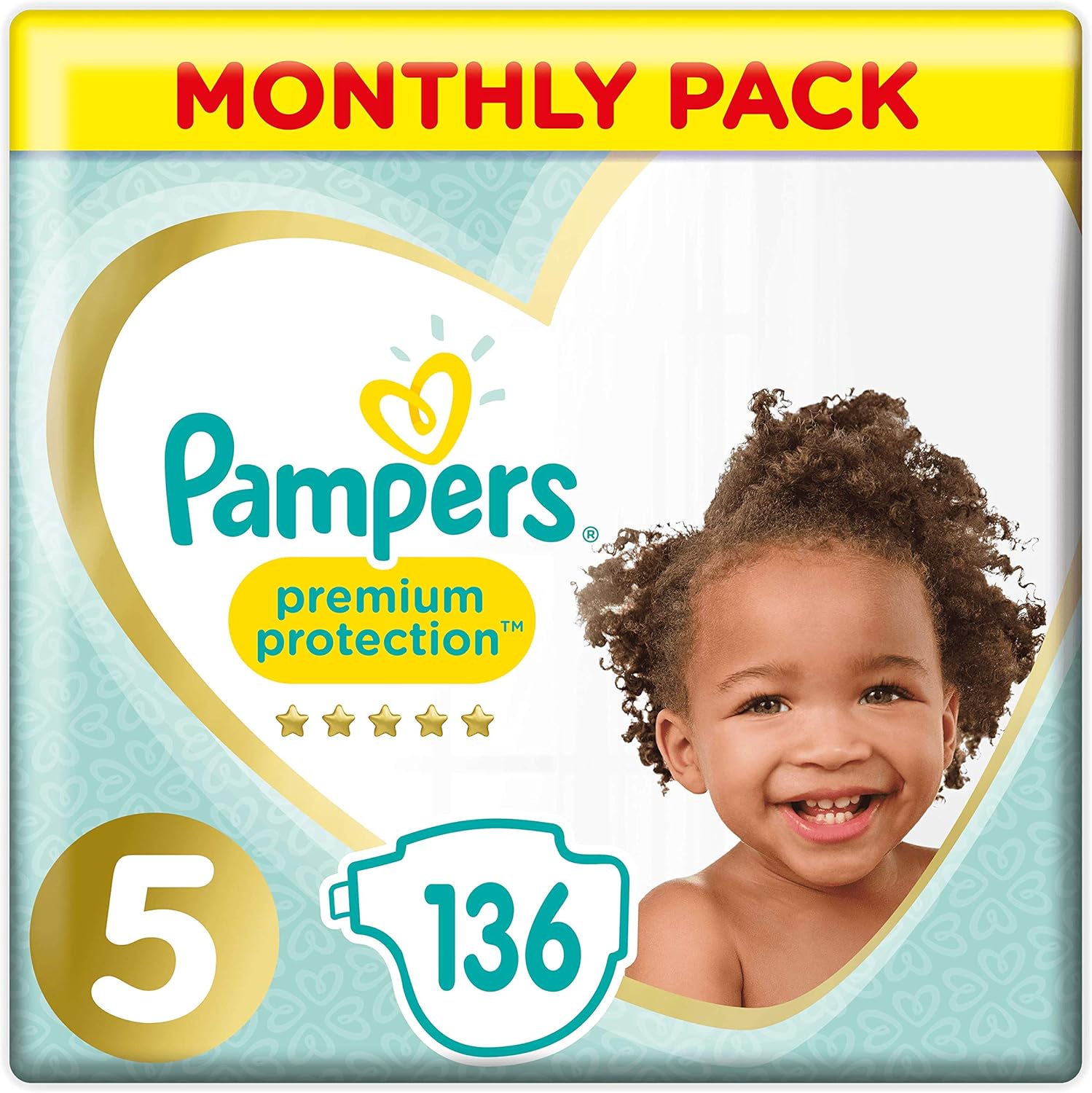 Pampers Size 5 Baby Premium Protection Monthly Saving Nappies - Pack of 136 Nappies, Size 5 (136 Pieces), 136 Count (Pack of 1)