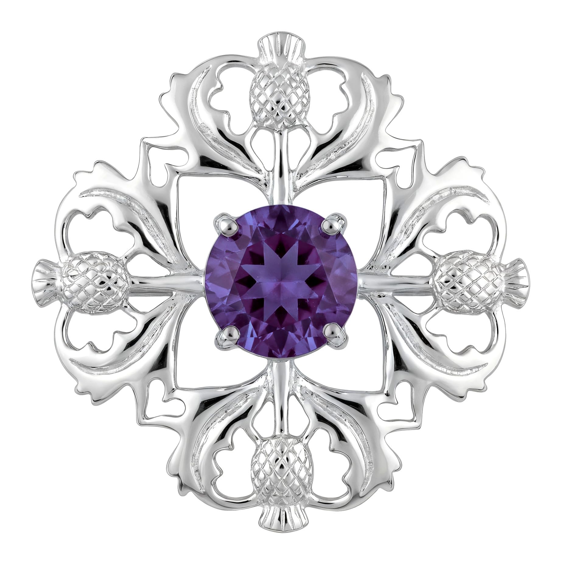 Alexander Castle Women's 925 Sterling Silver Scottish Thistle Brooch Pin with Real Amethyst Stone & Jewellery Gift Box - Scottish Gift for Women