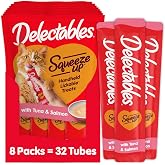 Delectables Squeeze Up Creamy Squeezable Puree, Lickable Wet Cat Treats, Grain Free, No Added Fillers, No By-Products, No Added Preservatives, 0.5 Ounces Tuna &amp; Salmon, 32 Tubes Total