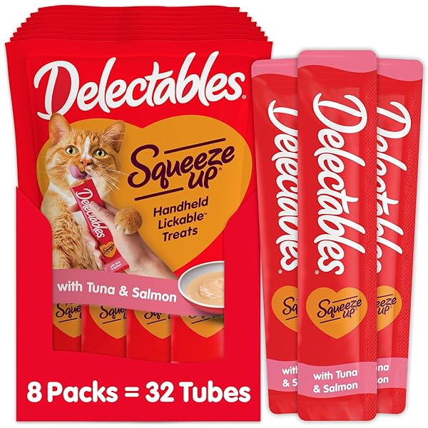 HARTZ DELECTABLES SQUEEZE UP INTERACTIVE LICKABLE WET CAT TREATS FOR ADULT & SENIOR CATS, TUNA & SALMON, 4 COUNT(PACK OF 8)