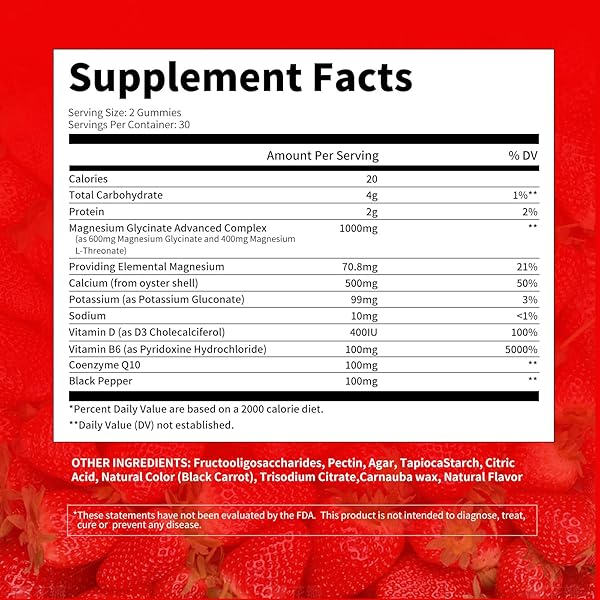 MAGNESIUM GLYCINATE GUMMIES 1000MG – SUGAR FREE MAGNESIUM POTASSIUM SUPPLEMENT WITH VITAMIN D, B6, COQ10 FOR CALM MOOD & SLEEP SUPPORT – 60 STRAWBERRY GUMMIES -1 PACK