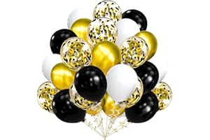 AULE Metallic Gold and Premium Latex Black White Balloons 60 Pack 12inches and Black Gold Confetti Balloons with Gold Ribbons Set for Birthday Graduation Wedding Party Decorations