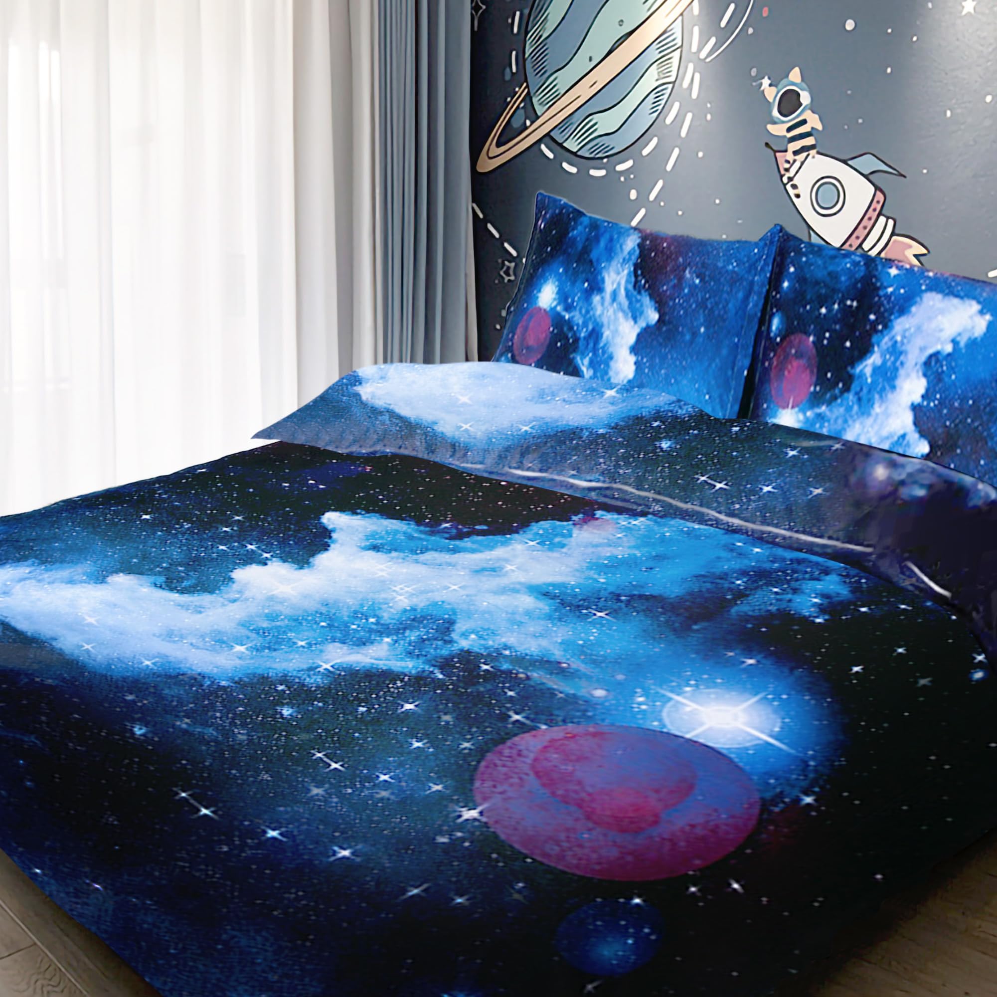 choicehot Galaxy Duvet Cover Bedding Set Single - Space Theme Duvet Cover Starry Sky Quilt Cover with Metal Zipper Breathable, Ultra Soft, Durable
