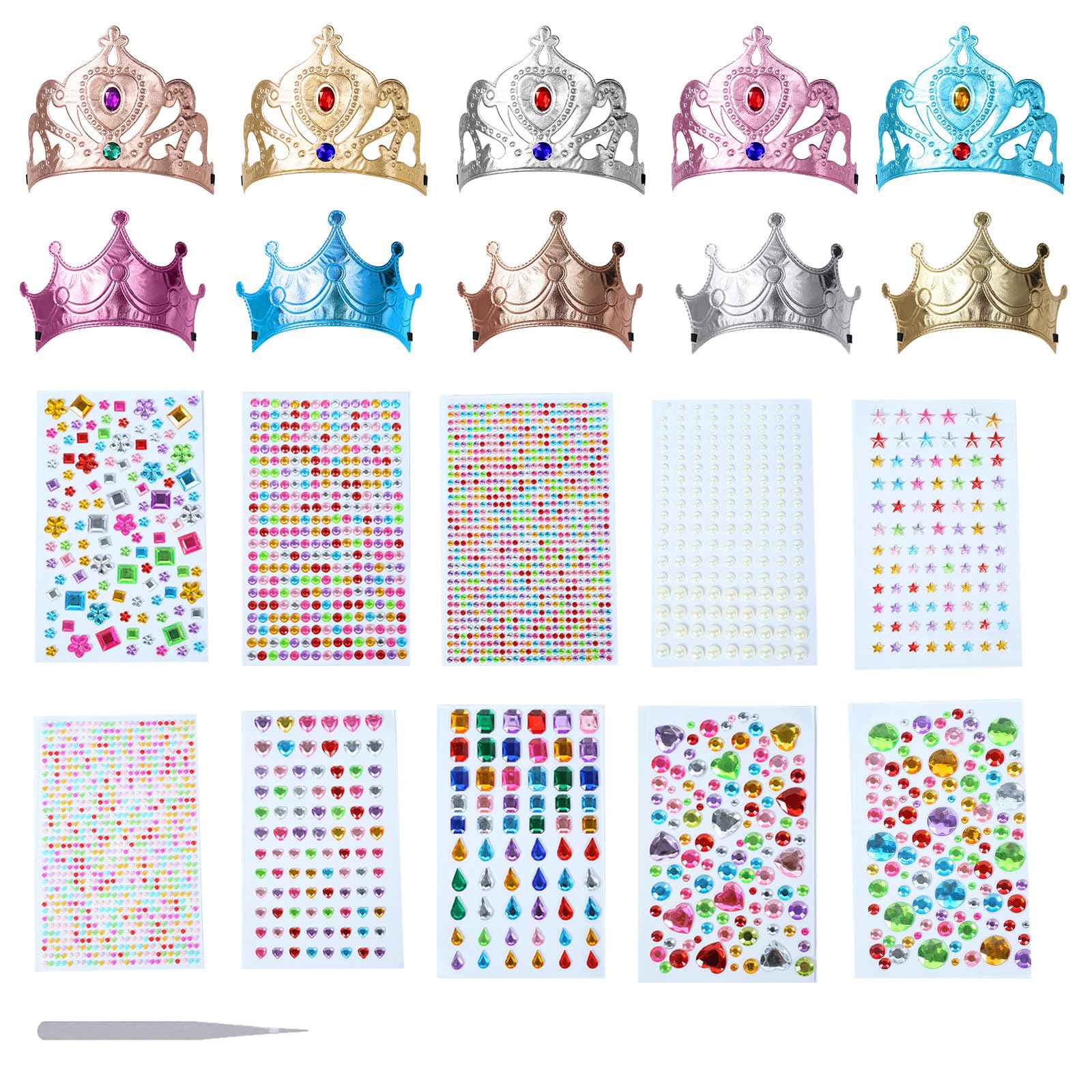 Foam Princess Crown Party Hats - 20PCS Princess Party Kids Crown Making Kit with Self-Adhesive Jewels Crystal Stickers, Princess Birthday Decorations for Toddlers & Tiaras Celebrate Party Supplies