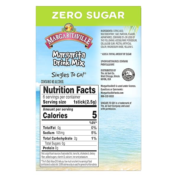 MARGARITAVILLE, SINGLES TO GO WATER DRINK MIX FLAVORED NONALCOHOLIC POWDER STICKS 6 COUNT, MARGARITA, 0.55 OUNCE