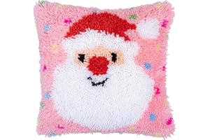 Beyond Your Thoughts Christmas Latch Hook Kits DIY Pink Throw Pillow Cover Cute Santa with Color Pattern Printed for Kids Adults Beginners Family Decoration 16.5 * 16.5 inches BZ2403