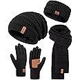 Womens Winter Beanie Hat Scarf Gloves Headband Set, Slouchy Beanie Ear Warmer Knit Scarf Touchscreen Gloves Warm 4 Gift Set