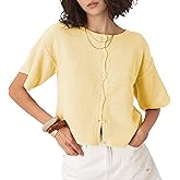 Ainangua Womens Casual Cardigan Summer Short Sleeve Crew Neck Button Down Knit Sweater Tops Lightweight Travel Outfits(Yellow,L)