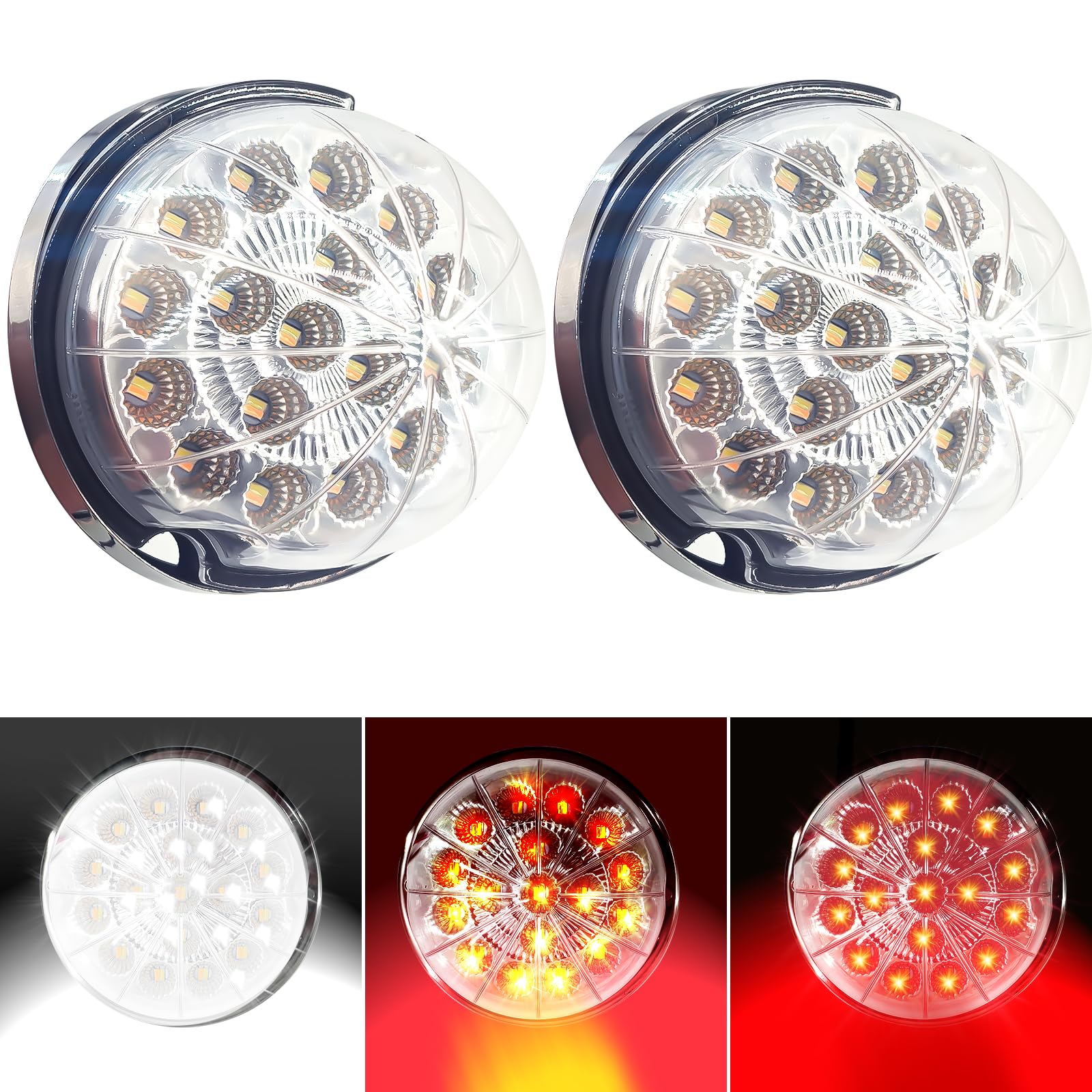 Photo 1 of 2PCS 17-LED Dual Revolution Watermelon Lights, Red Turn Signal & White Auxiliary with Clear Lens & Stainless Steel Bezel for Freightliner, Peterbilt, Heavy Trucks & Trailers