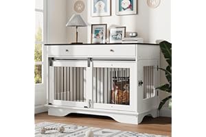 47" Large Dog Crate Furniture, Wooden Dog Kennel End Table with 2 Storage Drawers, Removable Divider & Sliding Door, Heavy Du