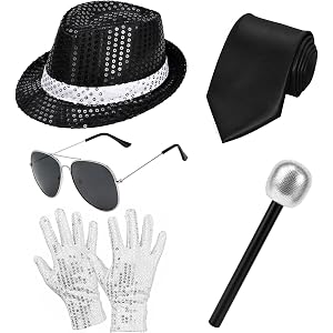 JcHrmers 70s 80s Pop Star Costume Accessories Include Sequins Hat Tie Gloves Sunglasses and Microphone for Men Women Hallowee