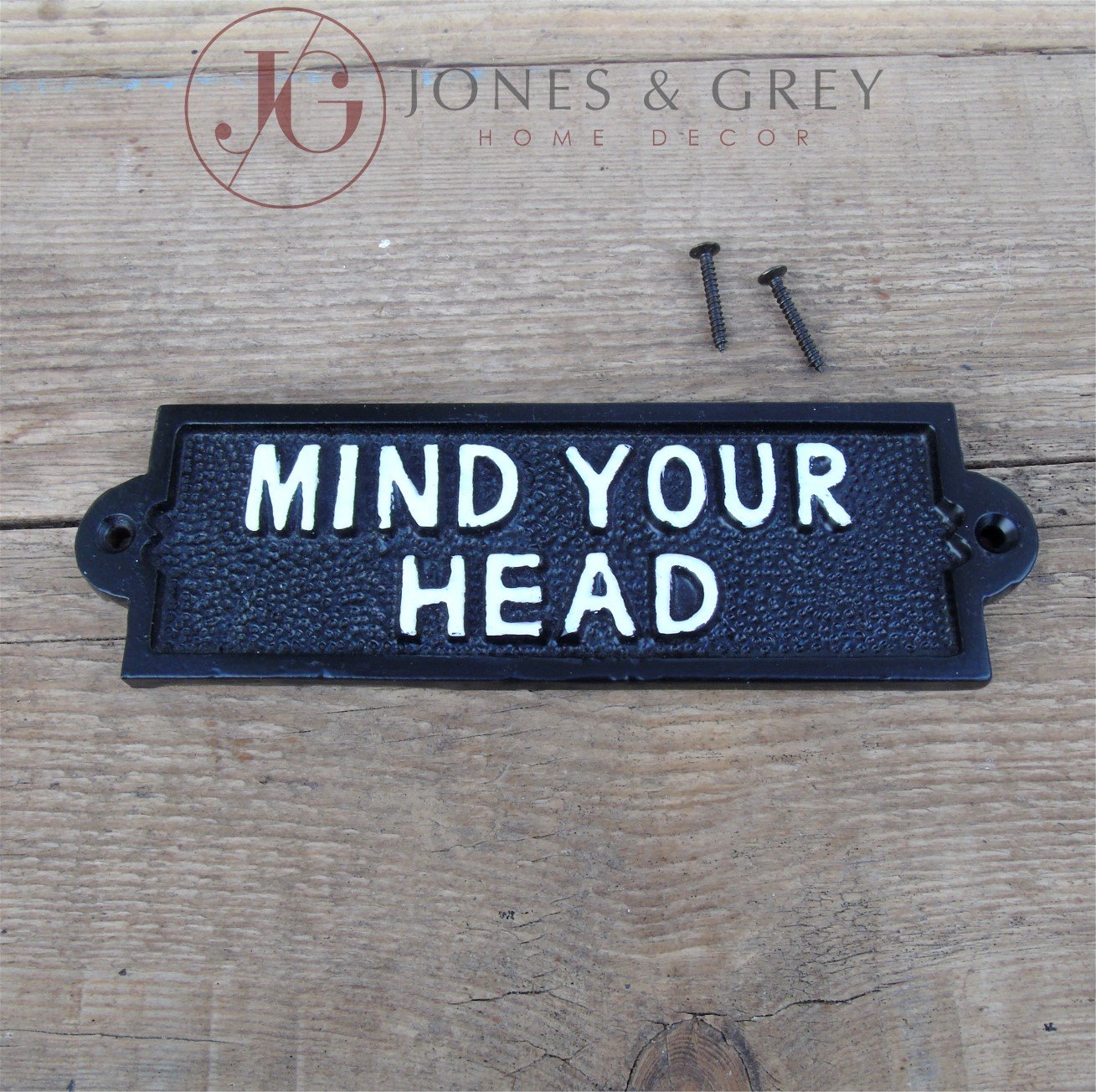 VINTAGE STYLE BLACK & WHITE CAST IRON DOOR SIGN MIND YOUR HEAD
