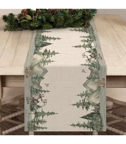 BLACK FOREST DECOR Five Pines Table Runner - 13x36 Inch Cotton Rustic Table Runner With Evergreen Print & Fringe