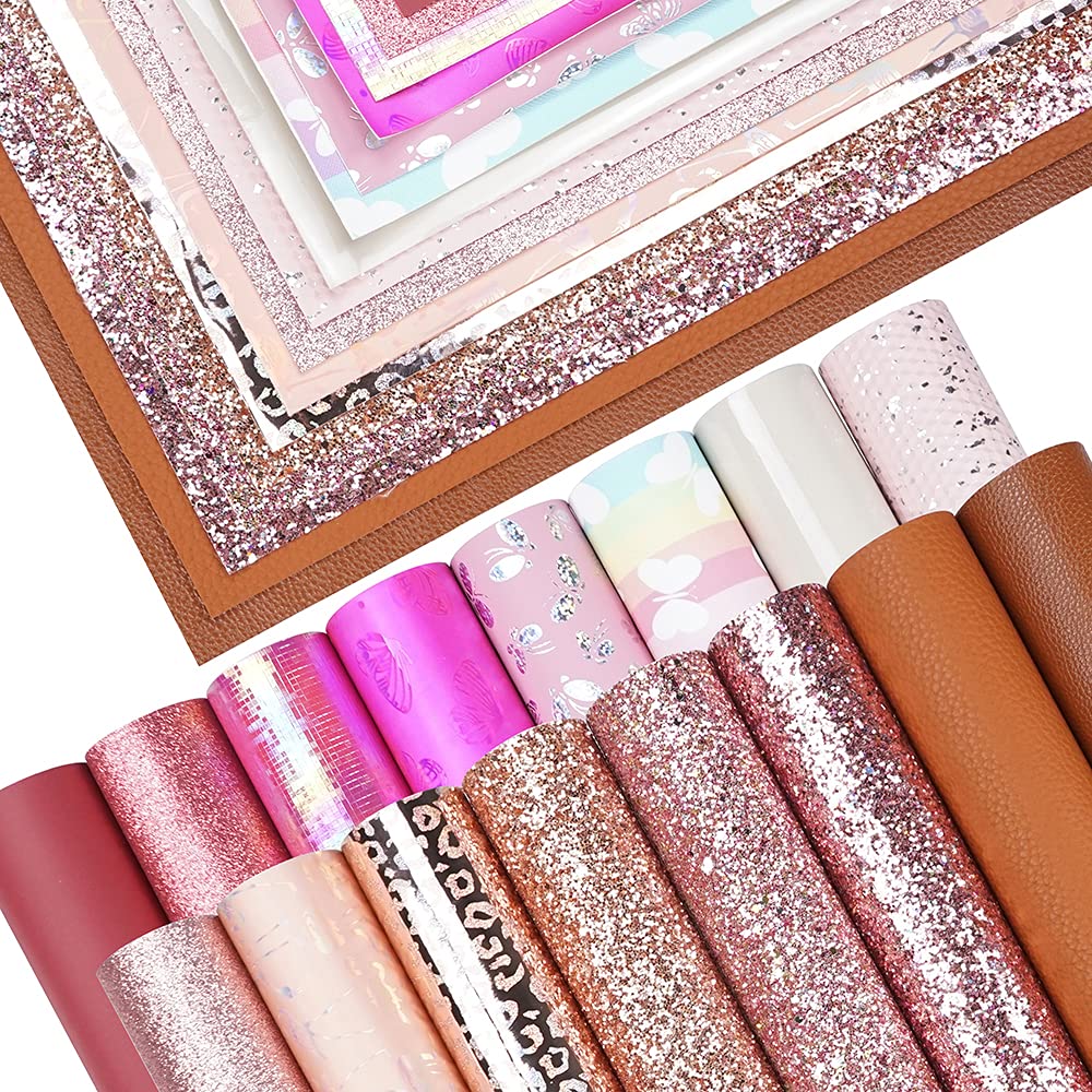 16 Pieces 8x6 Inch New Contrast Colors Champagne Gold Hot Pink Series Faux Leather Fabric Sheets Include Litchi Fine Chunky Glitter Butterfly Leopard Patent Embossing for Leather Earring Bows Making