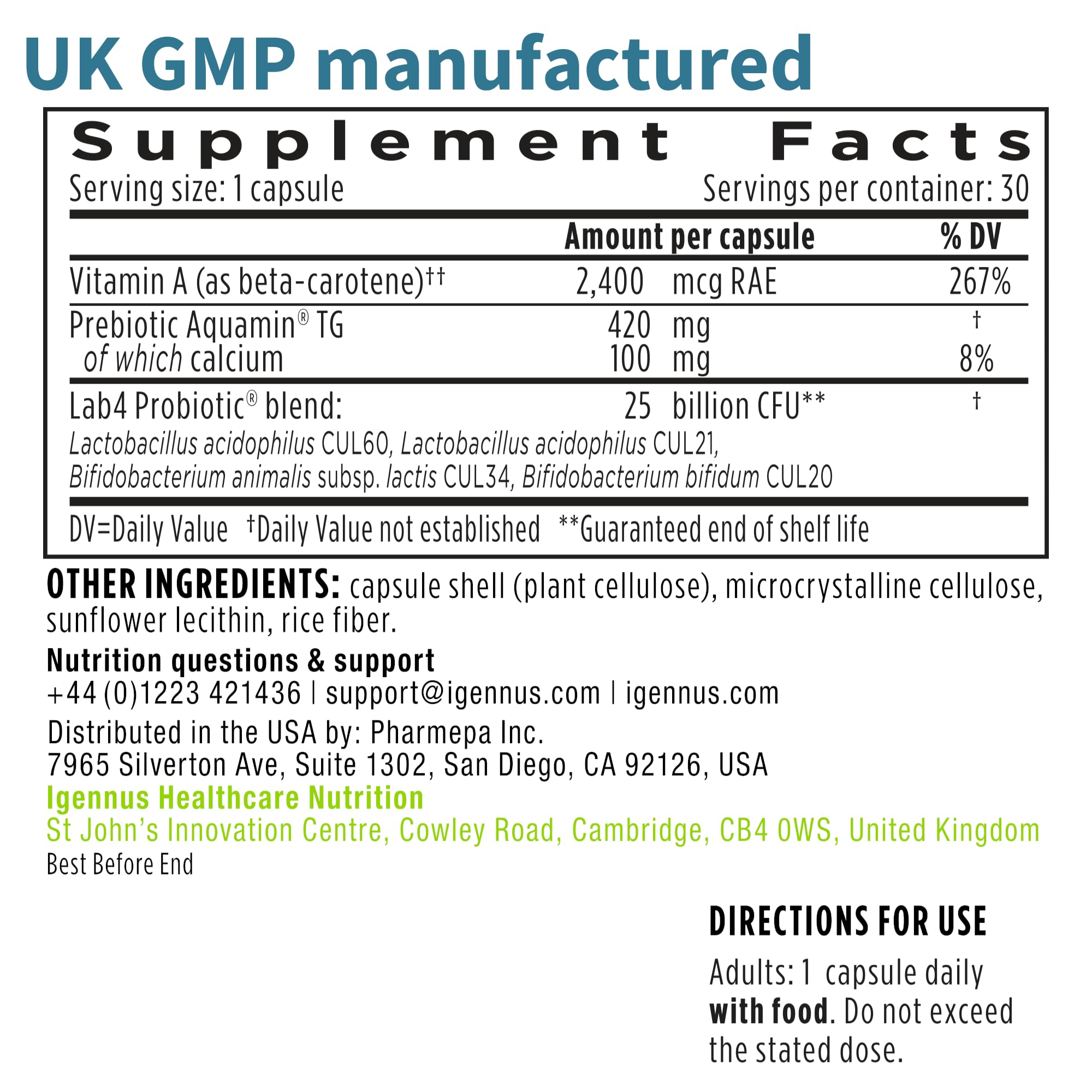 Igennus Probiotics & Prebiotic, Lactobacillus Acidophilus & Bifidobacterium, Gut Health Support, Live Cultures+ Lab4, Guaranteed 25 Billion CFU, for Women & Men, Non-Bloating, Non-GMO, 30 Capsules