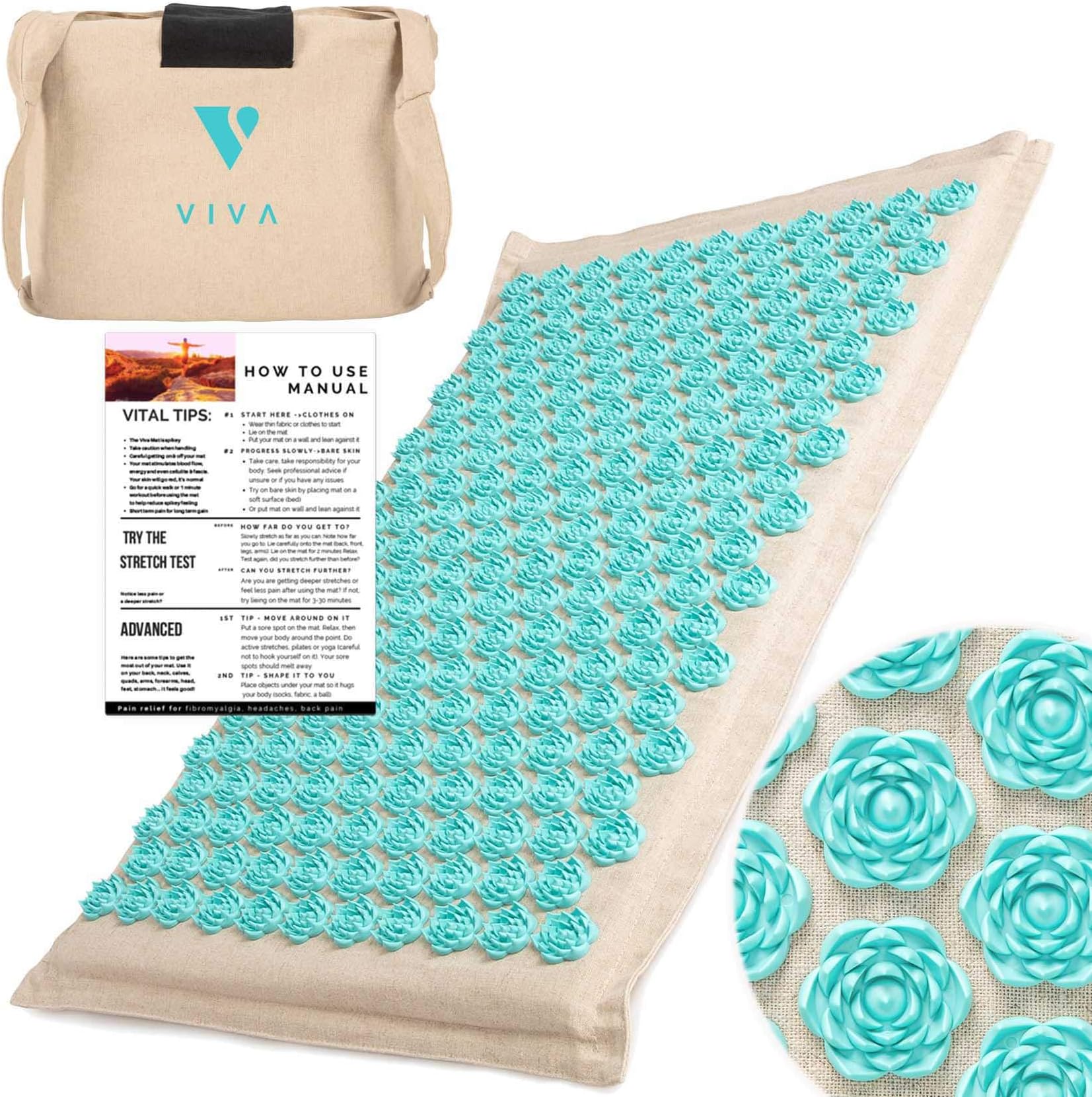 Acupressure Mat Natural Organic Linen Deeper Spikes for Fast Pain Relief | Carry Bag + Manual | Eco Coconut| Acupuncture Mat Neck Back Stress Muscle Massage Yoga Fascia Release Trigger Point Therapy