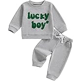 Lesimsam Toddler Baby Boy St Patricks Day Outfit Letter Embroidery Long Sleeve Waffle Knit Sweatshirt and Pants Set