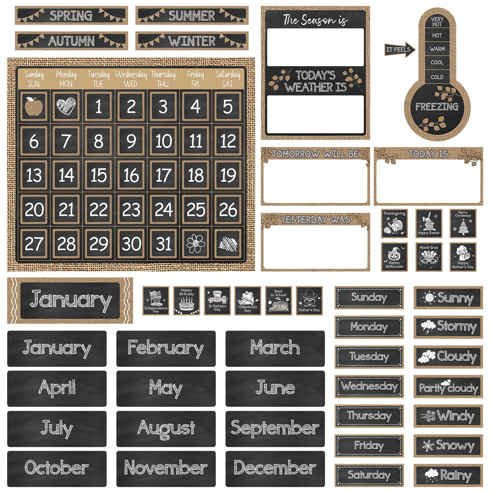 Photo 1 of AmazingSpark 85 Pcs Classroom Calendar Bulletin Board Set, Industrial Chic Style Calendar Seasons Weather Chart Bulletin Board and Classroom Display with Stickers for School Wall Decoration