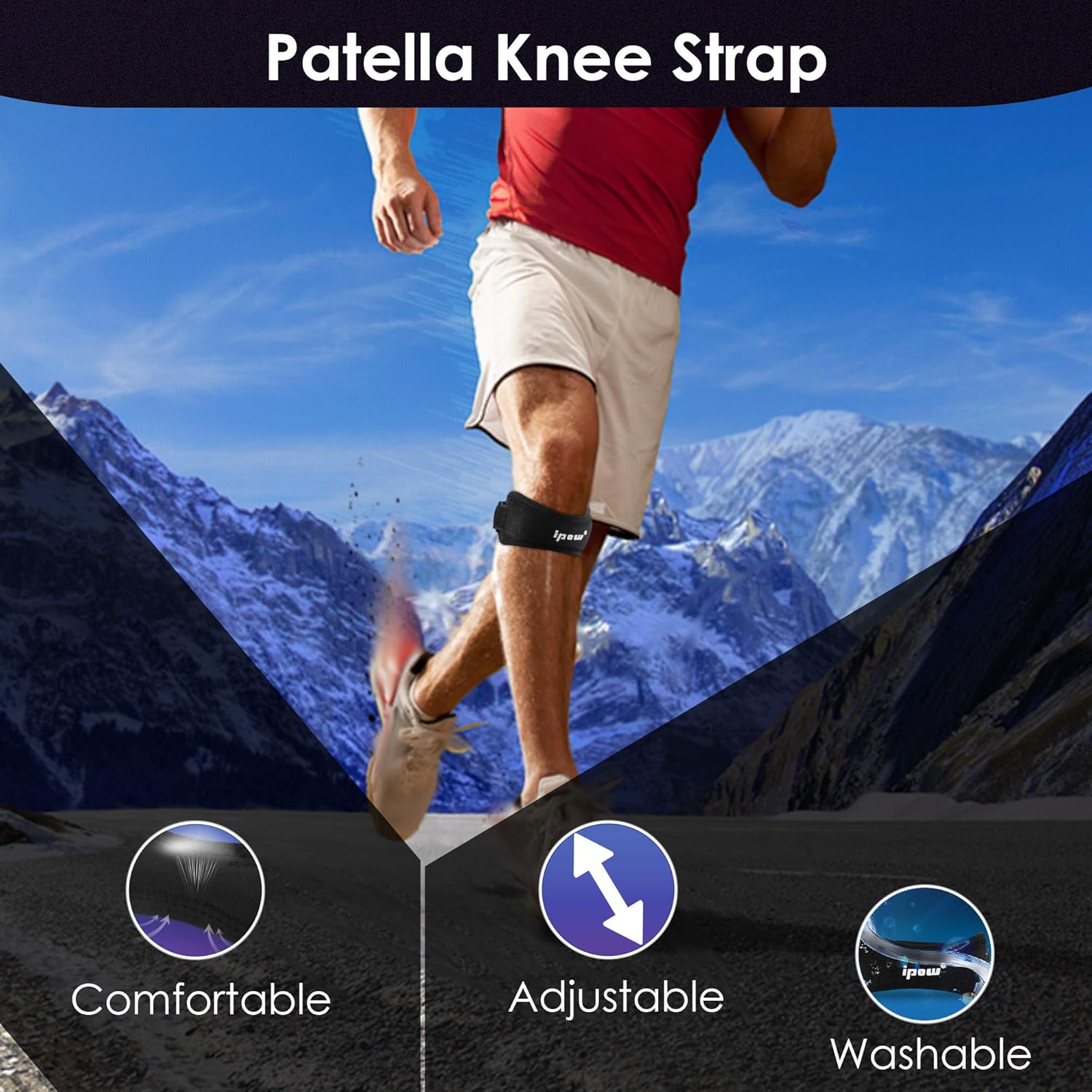 IPOW 2 Pack Knee Pain Relief & Patella Stabilizer Knee Strap Brace Support for Hiking, Soccer, Basketball, Running, Jumpers Knee, Tennis, Tendonitis, Volleyball & Squats (Black): Sports & Outdoors
