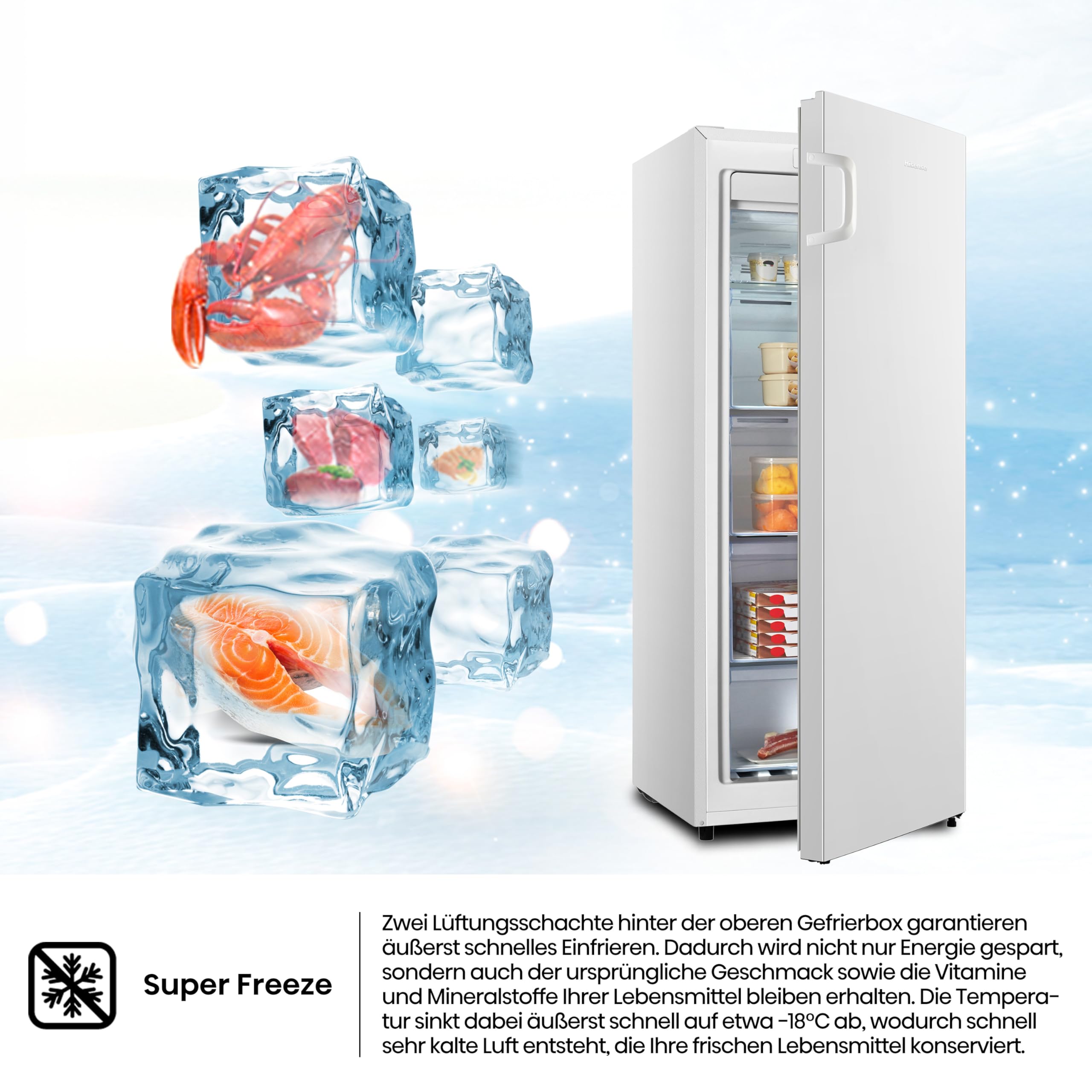 Hisense FV191N4AW2 Gefrierschrank/ TotalNoFrost/ SuperFreeze/ Türalarm/ Multiflow 360°/ BigBox/ 143,4 cm/ Gefrierteil 147 l/ 41 dB/ 205 kWh/Weiß 6