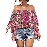 BEAUDRM Women's Y2K Floral Off Shoulder Blouse Boho Shirt Ruffle Half Bell Sleeve Blouses Shirred Vacation Beach Shirt