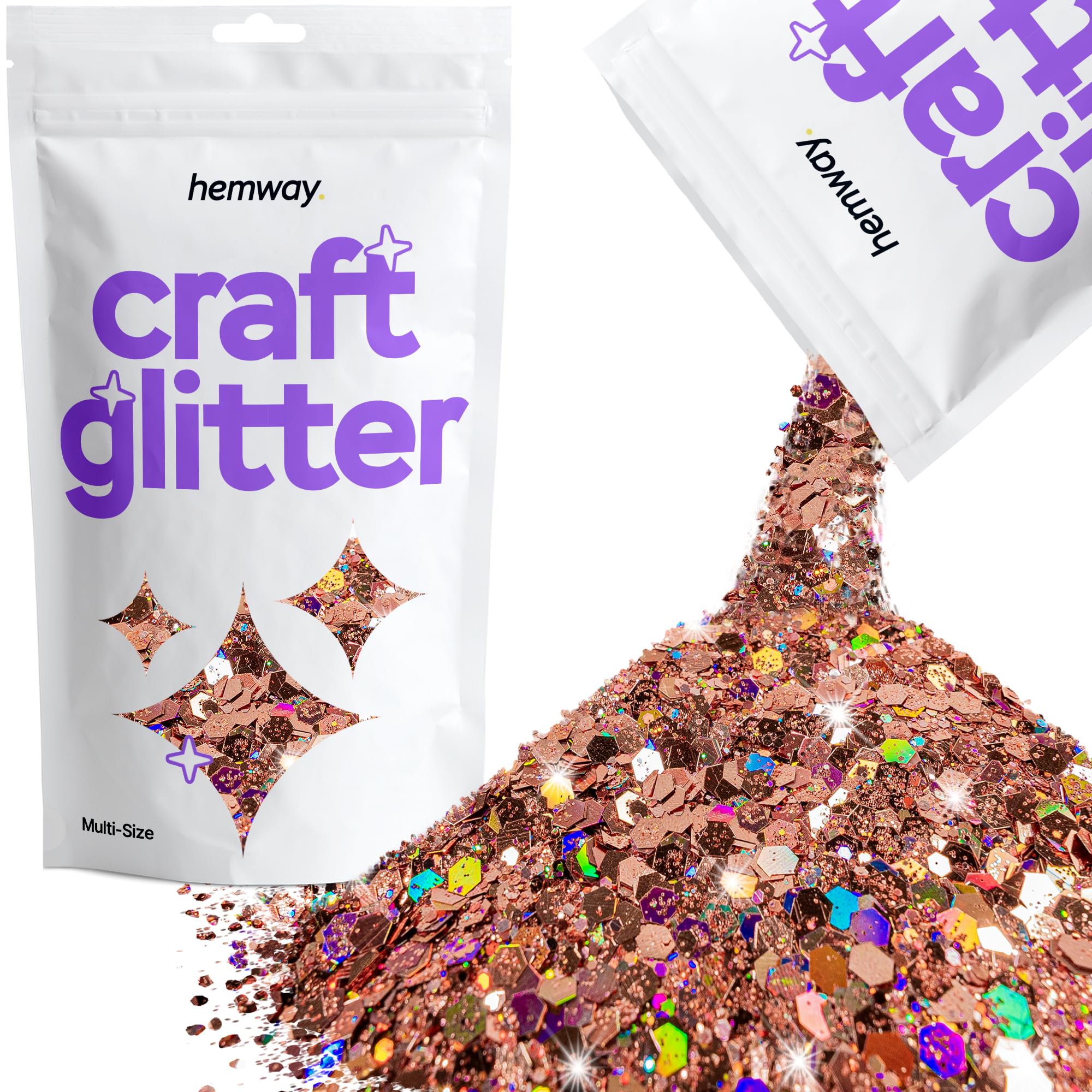 Hemway Craft Glitter Rose Gold Holographic 100g Multi Size Glitter for Crafts, Resin, Cosmetic, Nail, Face, Body, Festival, Tumblers, Art, Candle, Crafting