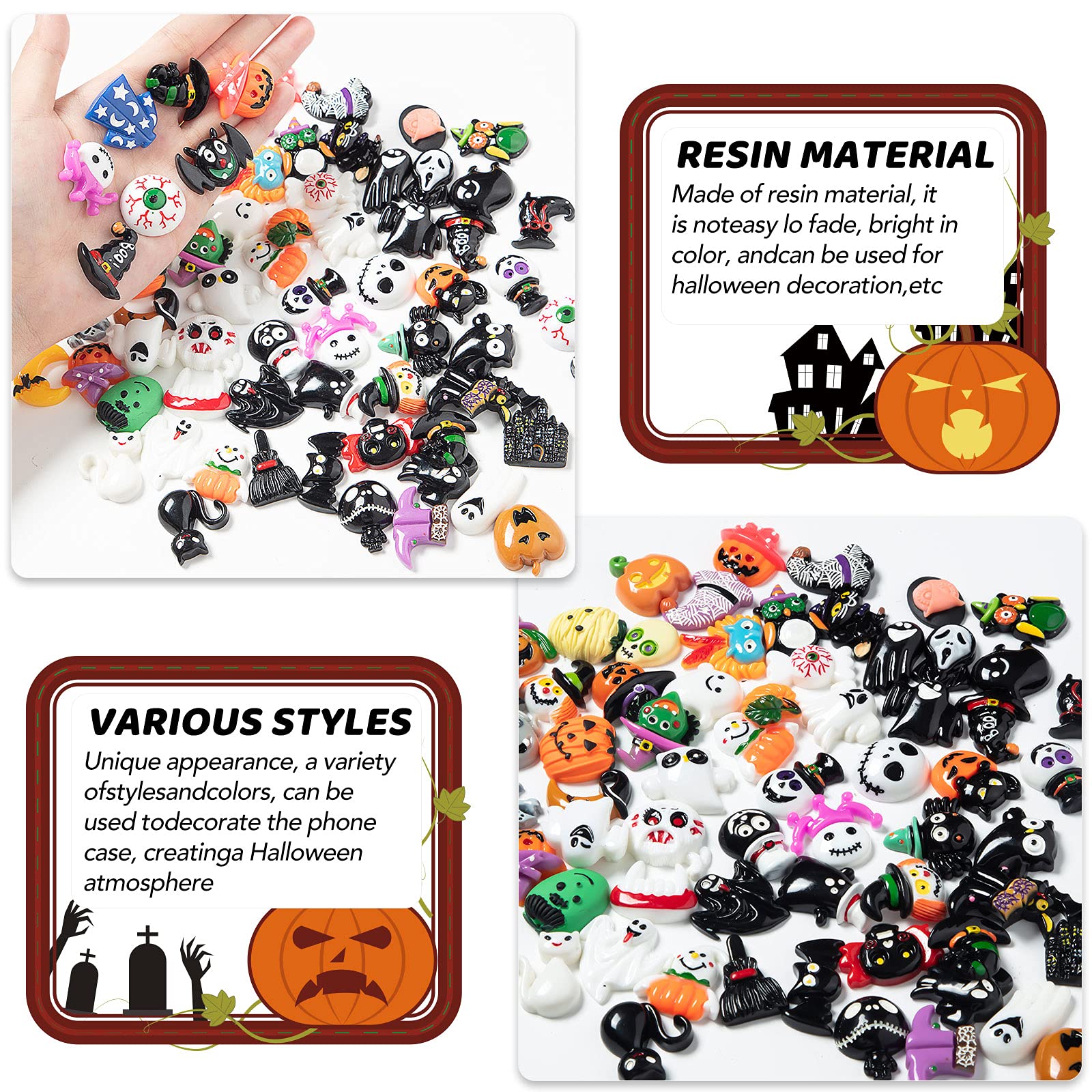 50 Pcs Halloween Resin Flatback Decorations, 3D Phone Case Flatback Skull Accessory with Pumpkin Skeleton Owl Bat, DIY Mini Halloween Slime Charms for Decorate Hairpins, Scrapbooking, Picture Frame