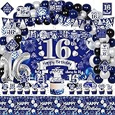 FrozzlyFun 16th Birthday Decorations for Boys, 113Pcs Blue Silver 16 Years Old Boy Bday Party Decor Supplies for 16th Teenager - Backdrop, Banner, Tablecloth, Centerpieces, Hanging Swirls, Wall Signs
