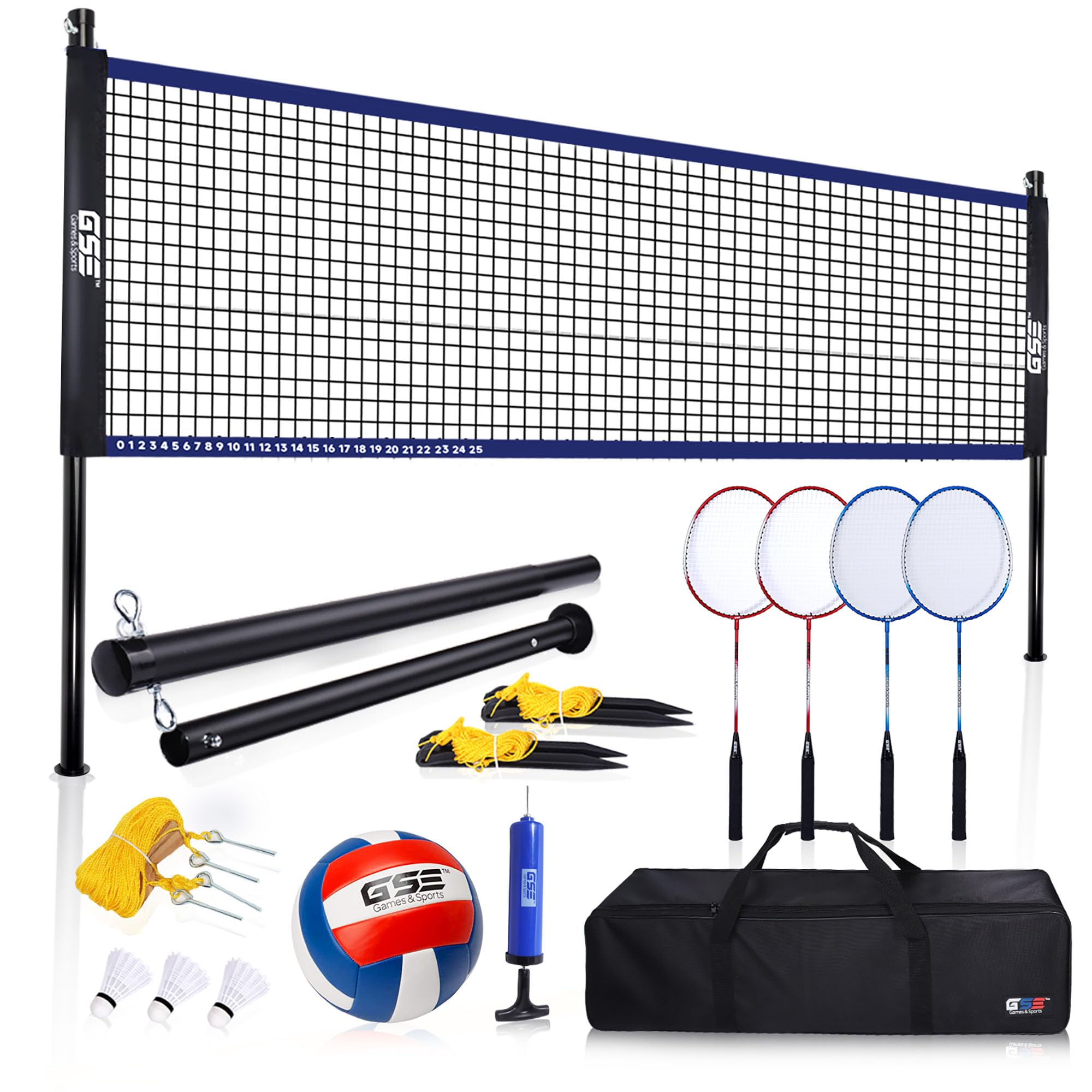 GSE Games & Sports Expert Outdoor Yard Sports Net Game Set for Backyards, Parks, Beach, Lawn. Volleyball Set, Badminton Set OR Volleyball & Badminton Combo Set Available